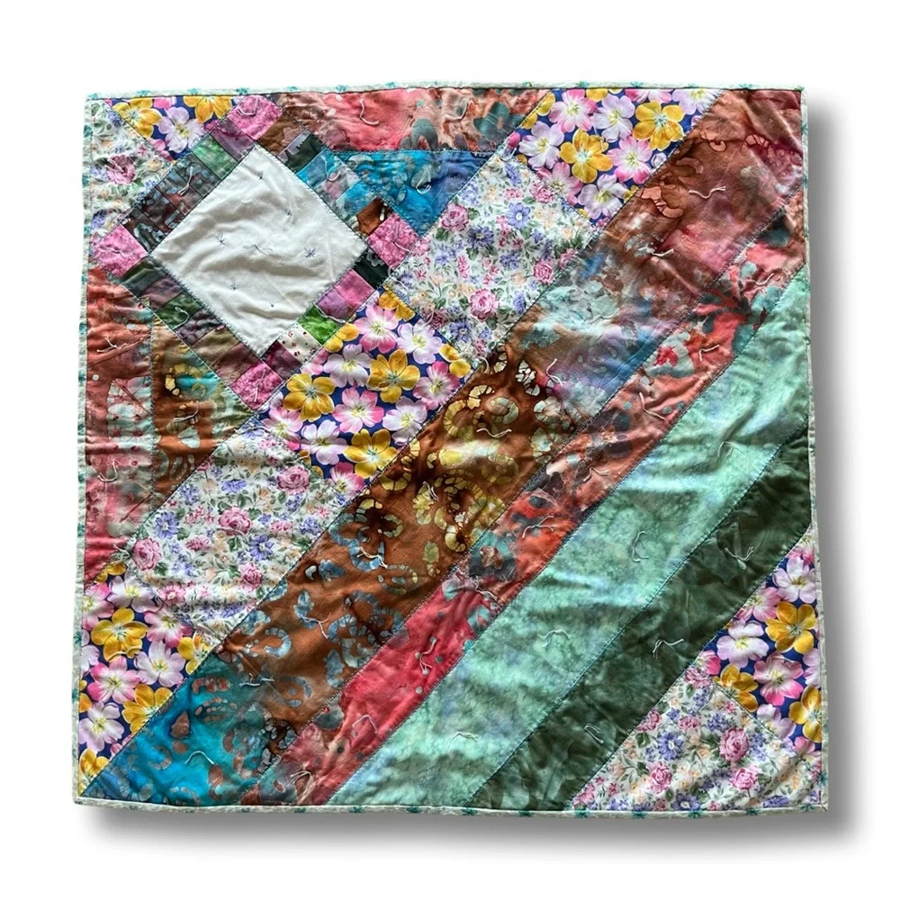 Handmade Baby Cotton Crazy Quilt with Vintage and Batik Fabrics